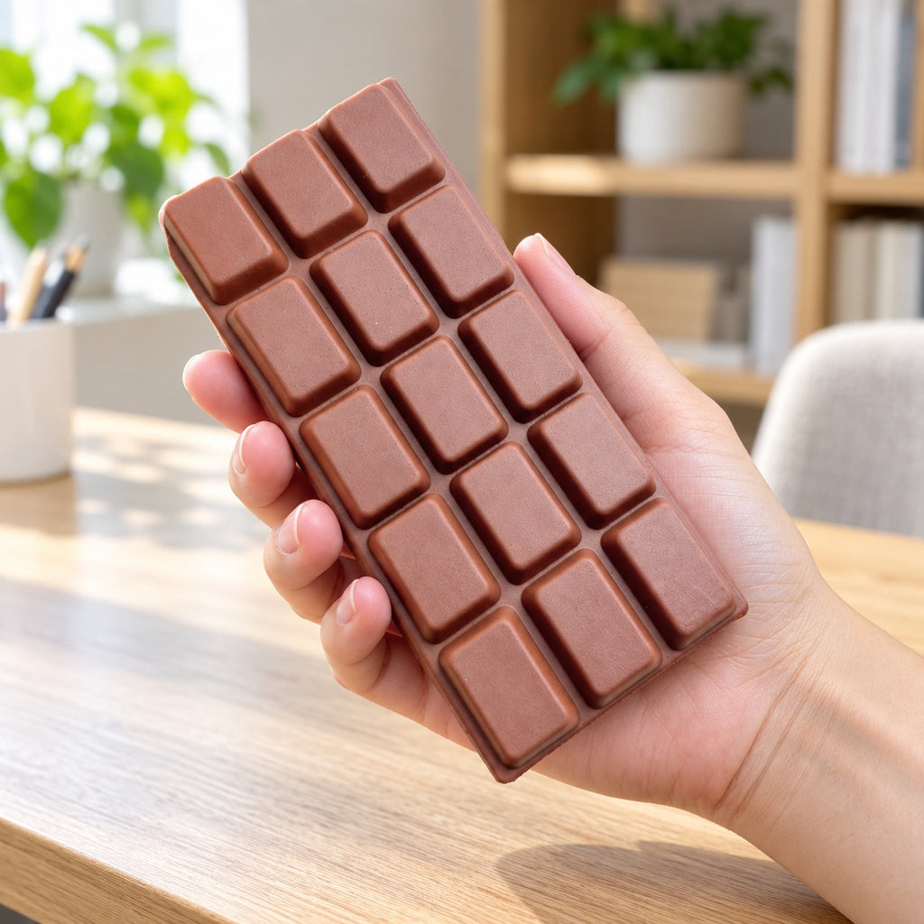Chocolate Bar Squishy, Slow Rising 15.5 cm (Milk brown), held in a hand to show the real size
