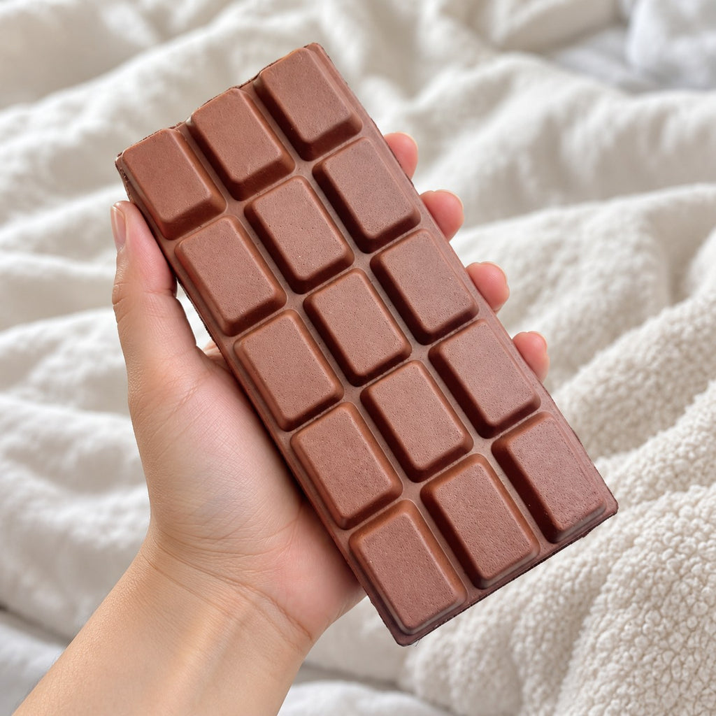Chocolate Bar Squishy, Slow Rising 15.5 cm (Milk brown), held toward the camera, first-person view