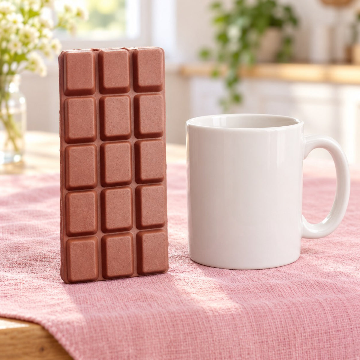 Chocolate Bar Squishy, Slow Rising 15.5 cm (Milk brown), next to a coffee mug for size comparison