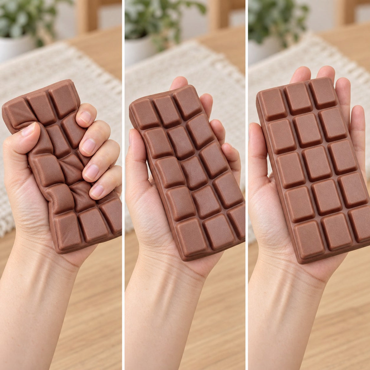 Chocolate Bar Squishy, Slow Rising 15.5 cm (Milk brown), squished flat, half risen and fully back in shape