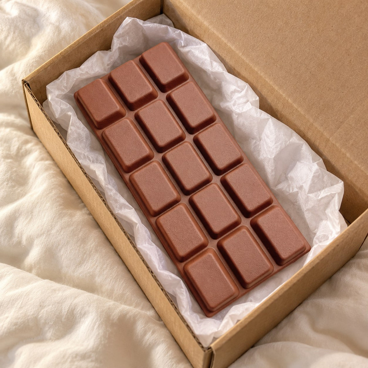 Chocolate Bar Squishy, Slow Rising 15.5 cm (Milk brown), unboxed from a parcel with tissue paper