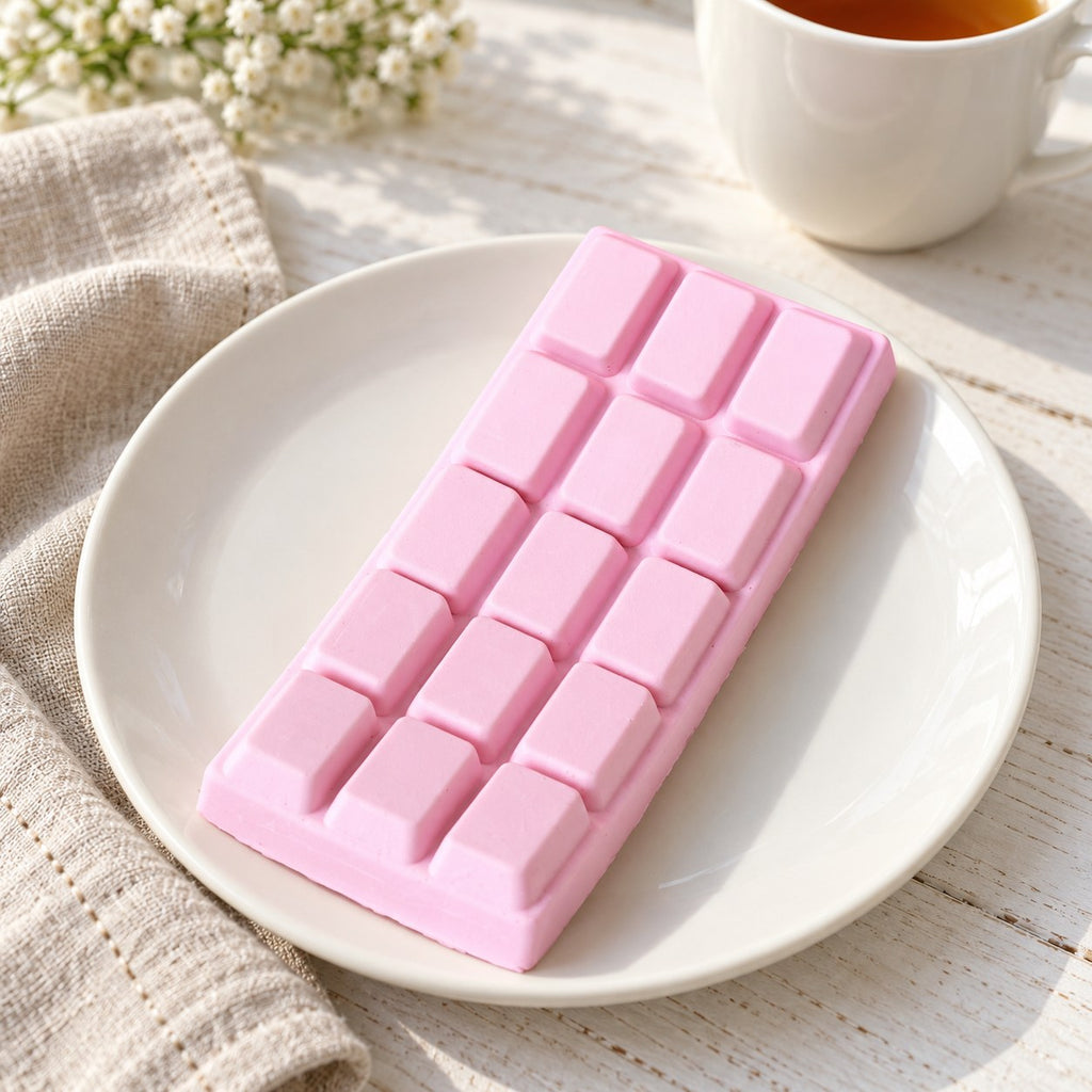 Chocolate Bar Squishy, Slow Rising 15.5 cm (Pink), on a plate on a breakfast table