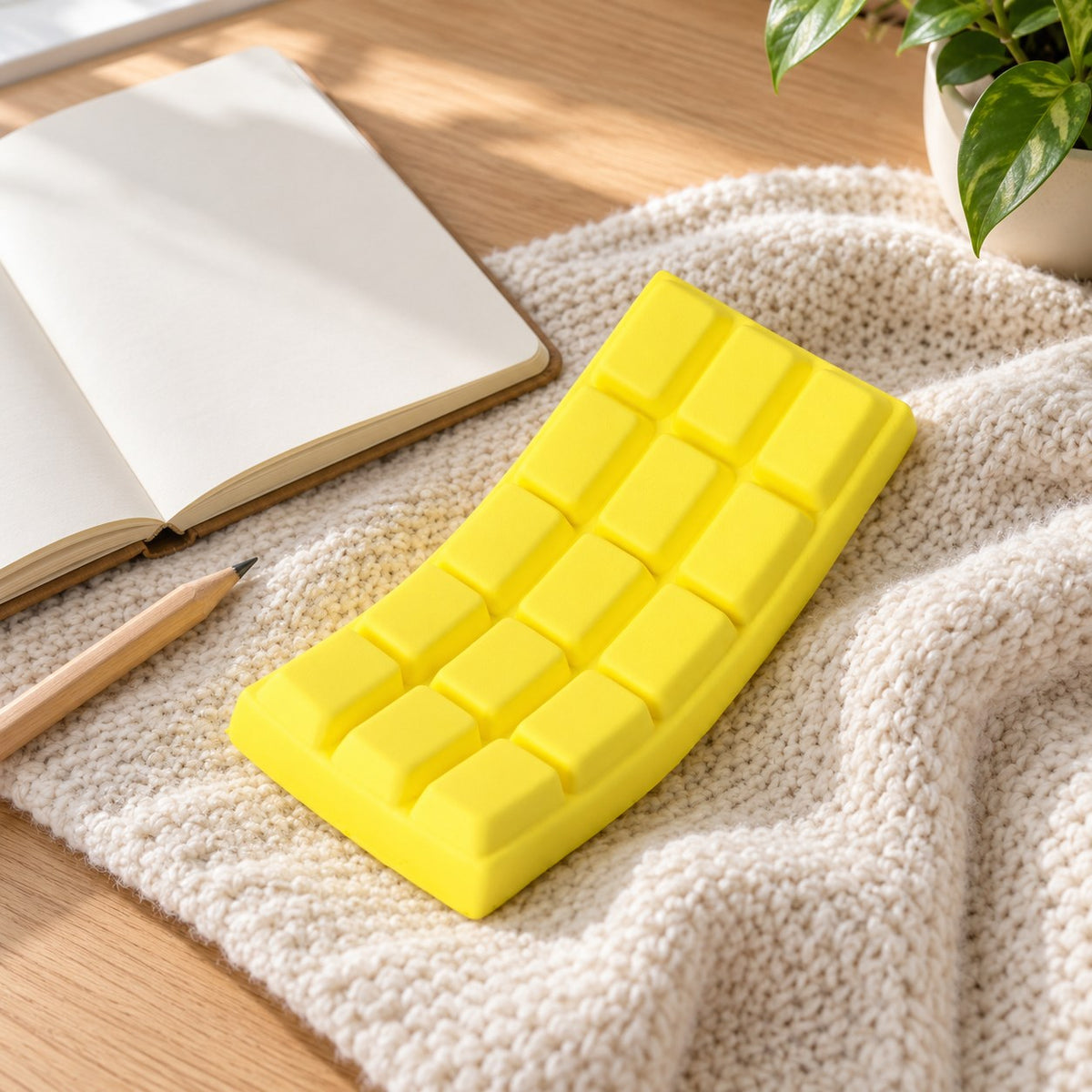 Chocolate Bar Squishy, Slow Rising 15.5 cm (Yellow), on a desk with a notebook and pencil