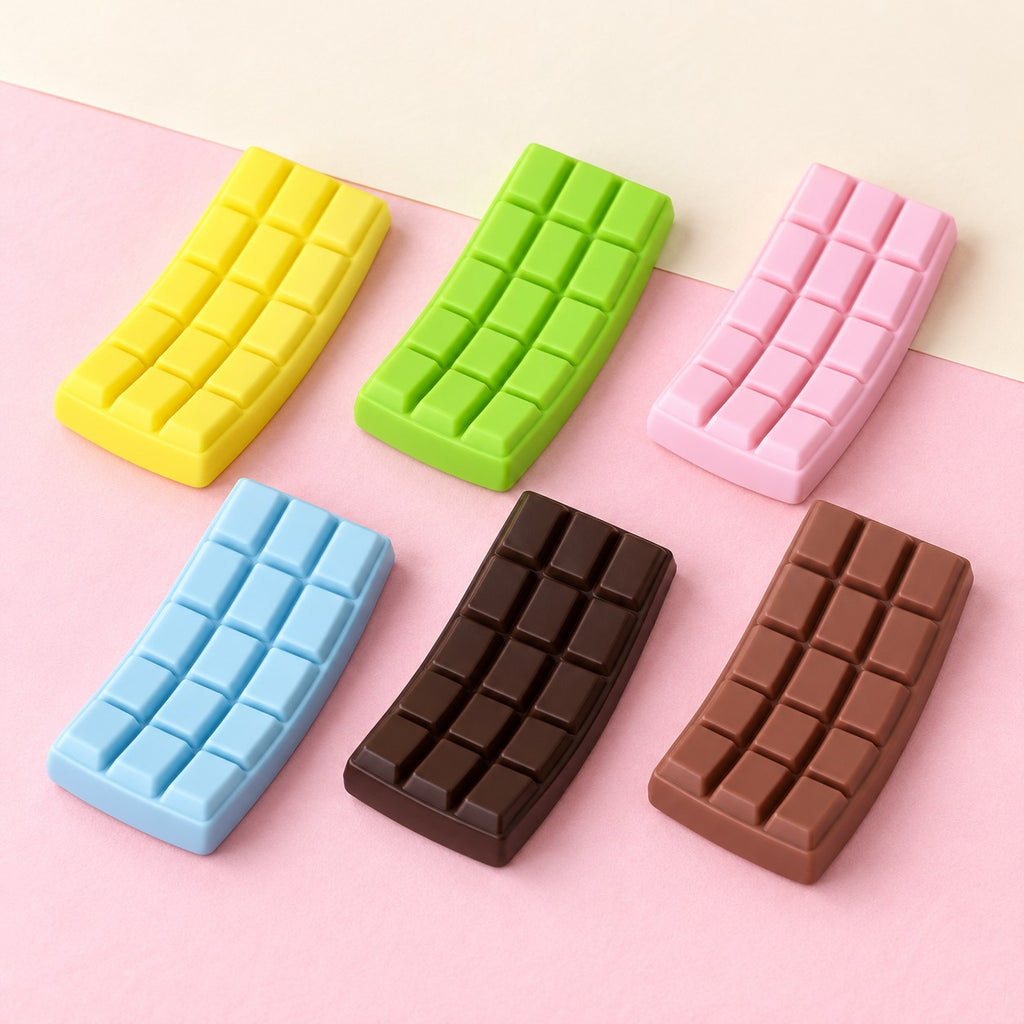Chocolate squishy set slow rising – Chocolate Bar Squishy, all 6 colors, product photo on pastel paper