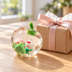 Apple squishy clear, as a small gift next to a wrapped box