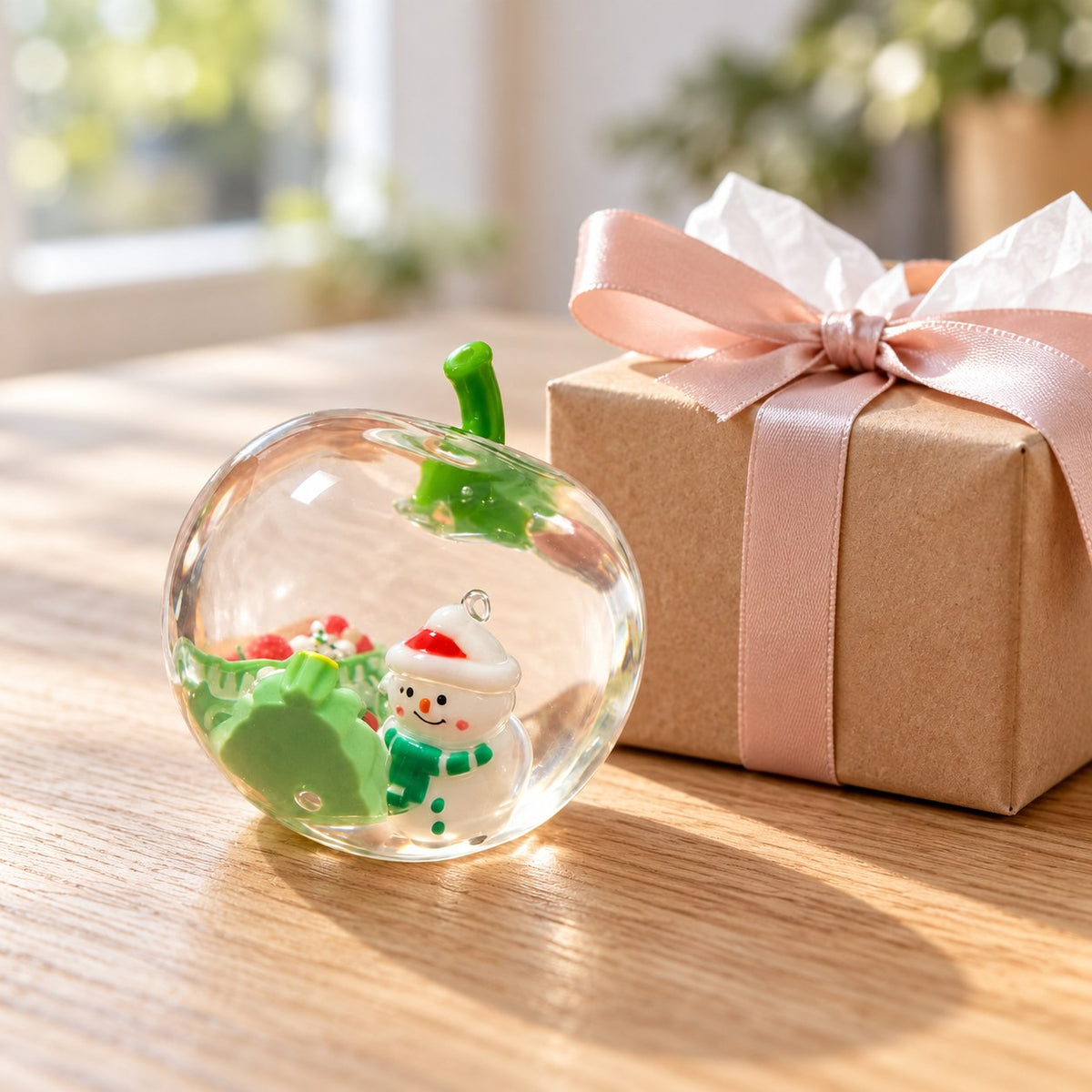 Apple squishy clear, as a small gift next to a wrapped box