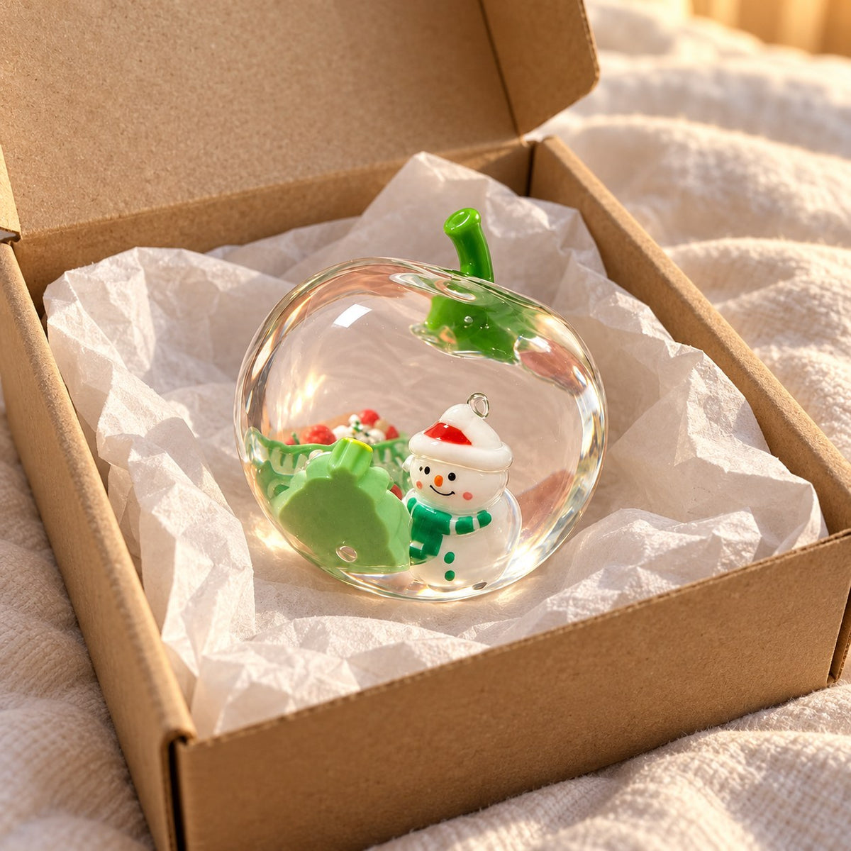 Apple squishy christmas, unboxed from a parcel with tissue paper