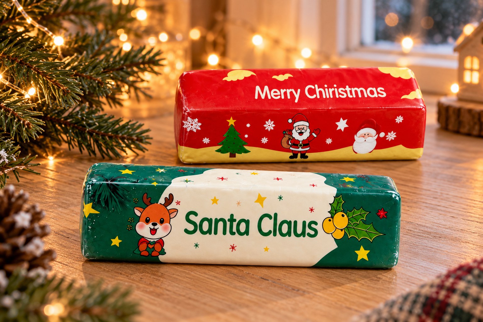 Two Christmas butter stick squishies on a wooden desk with a fir branch and warm fairy lights