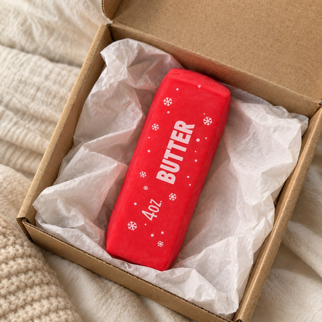 Christmas Butter Squishy, Crispy Stick in Gift Box (red), unboxed from a parcel with tissue paper