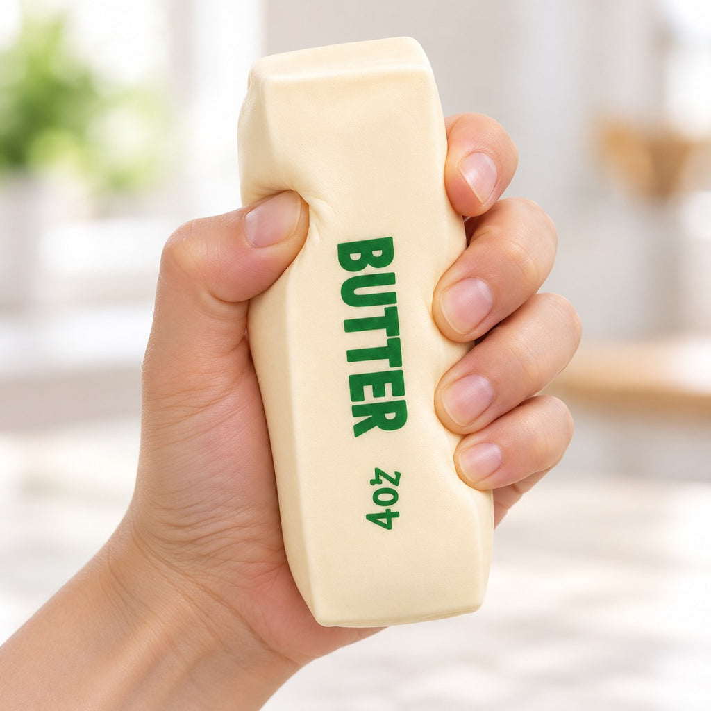 Christmas Butter Squishy, Crispy Stick in Gift Box (white), being squeezed by hand, soft and squishy