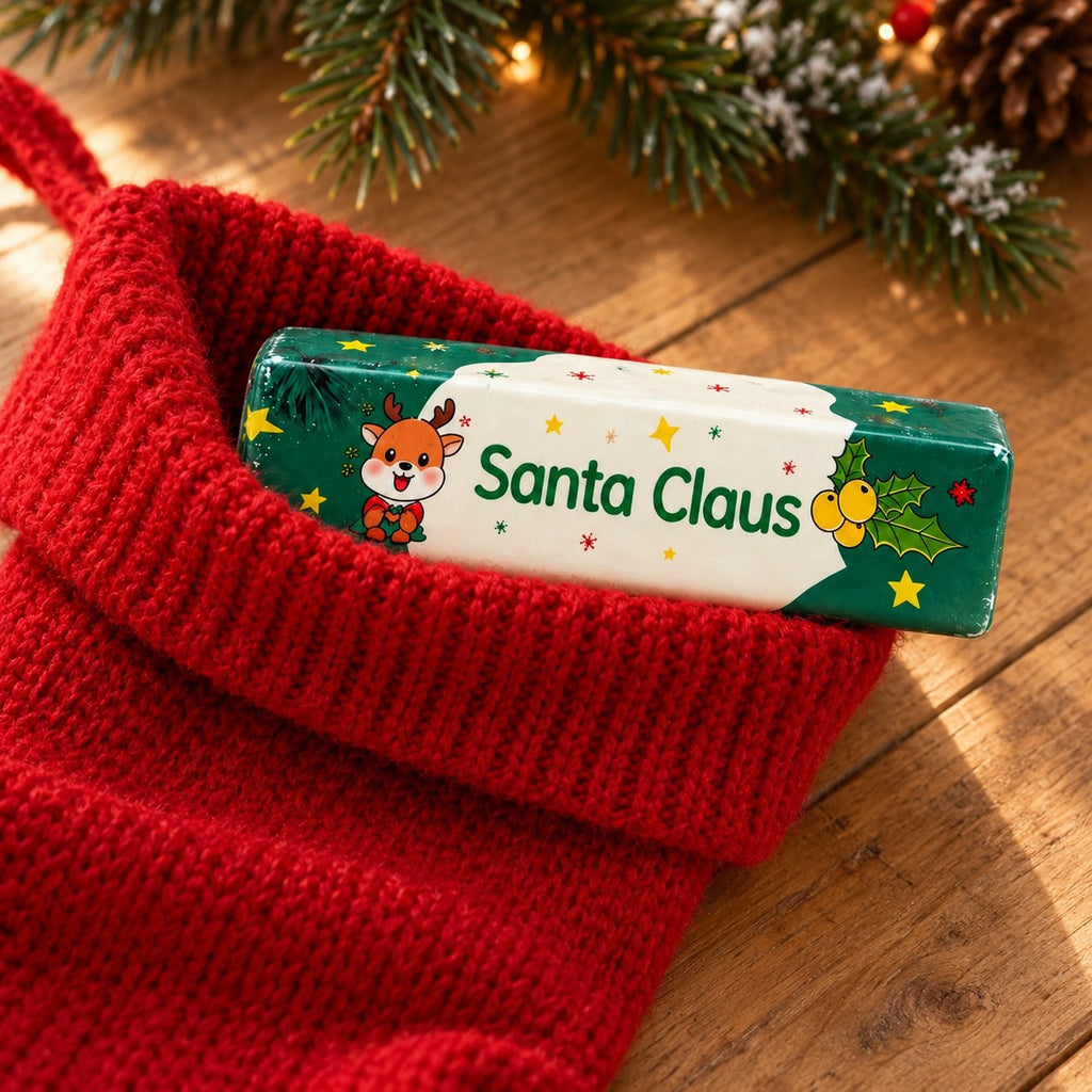 Christmas Butter Stick Squishy, Slow Rising (green), peeking out of a Christmas stocking
