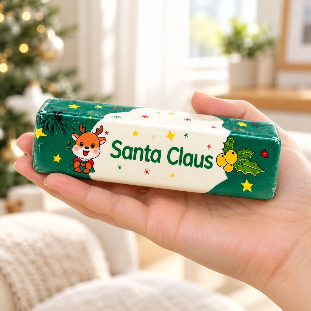 Christmas Butter Stick Squishy, Slow Rising (green), held in a hand to show the real size