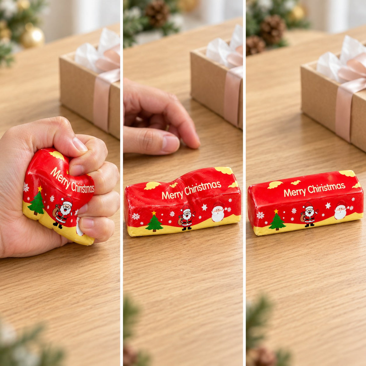 Christmas Butter Stick Squishy, Slow Rising (red), as a small gift next to a wrapped box