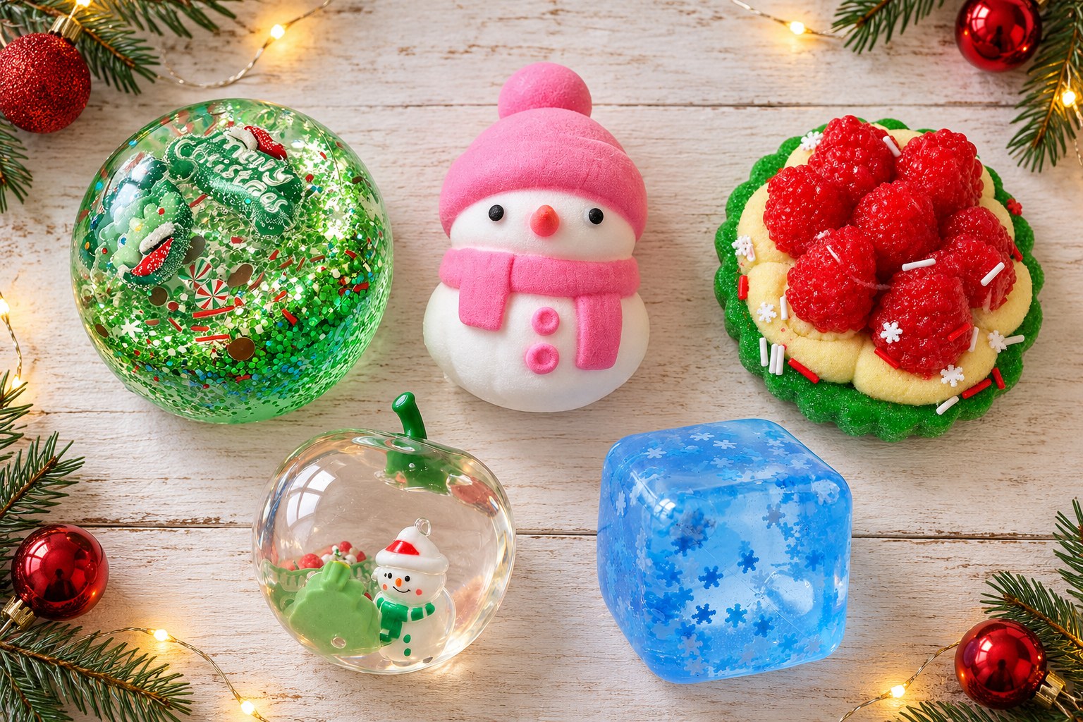 Christmas squishies seen from above between fir branches and fairy lights: Christmas ball, snowman, berry tart, clear apple and ice cube