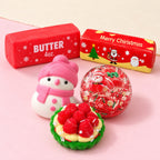 Kerst squishy zacht – Kerst squishy set van 5, productfoto op pastelpapier