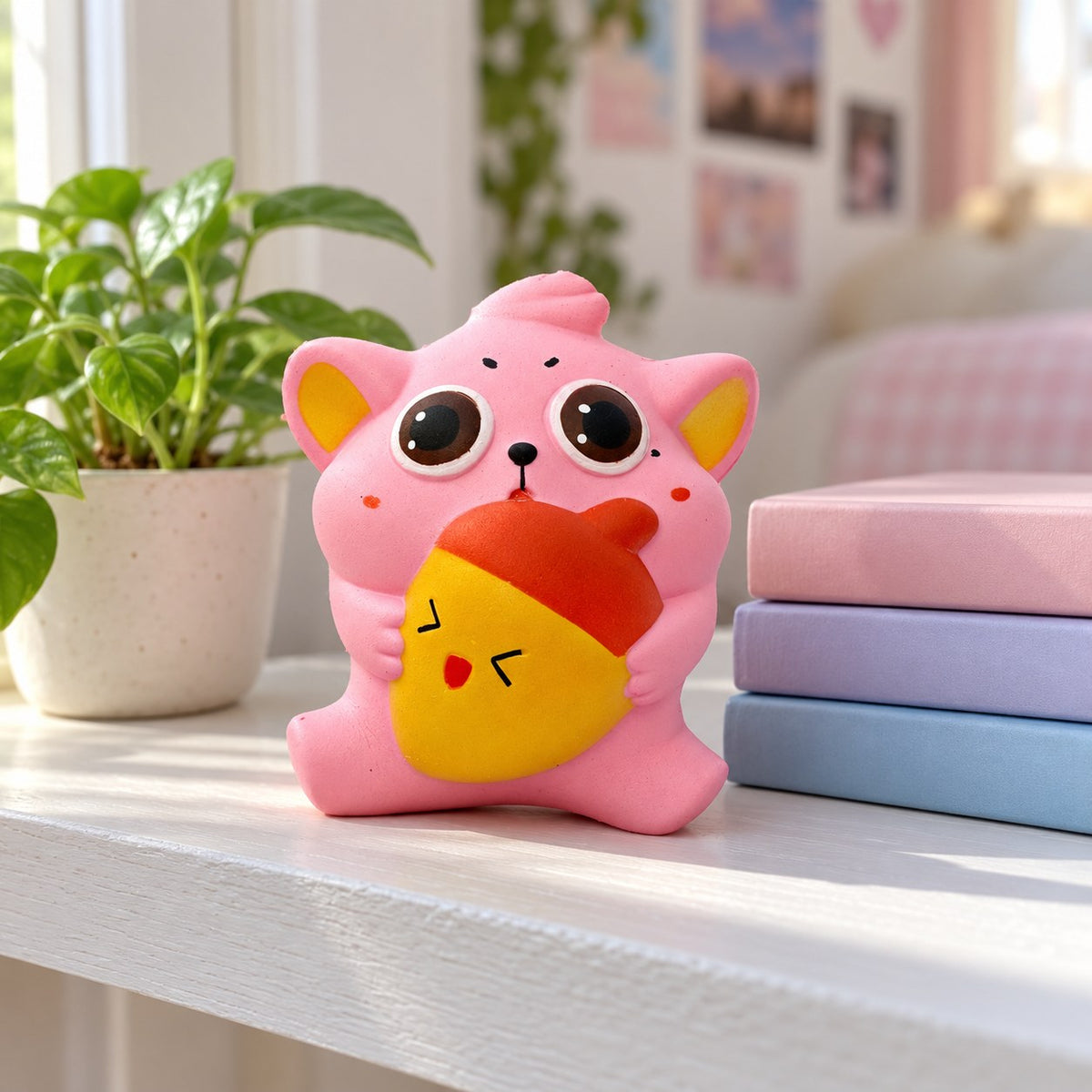 Chubby cat squishy, on a shelf with books and a plant as room decor