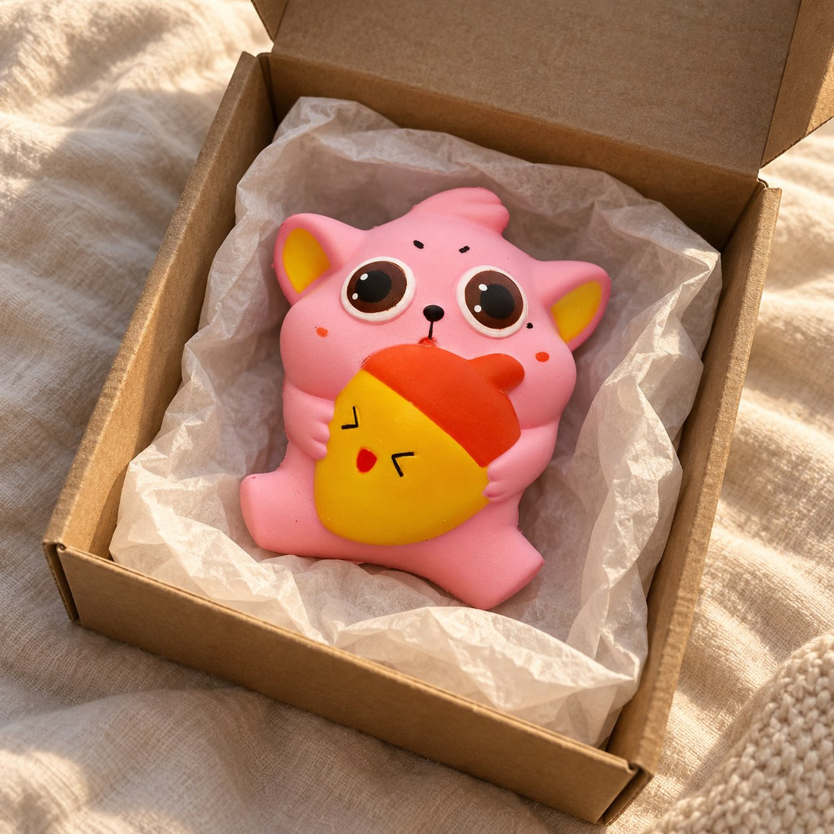 Chubby cat squishy slow rising, unboxed from a parcel with tissue paper