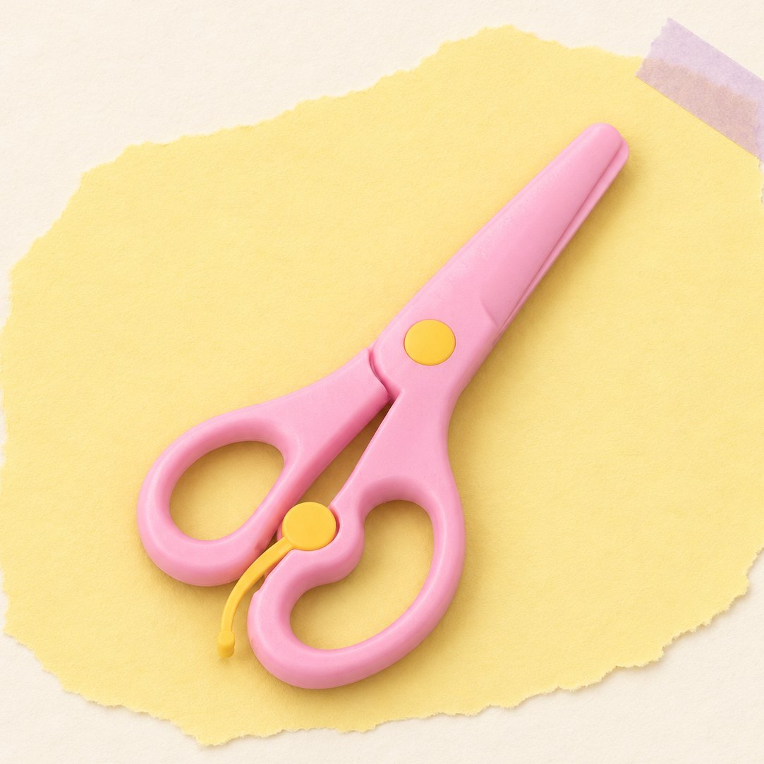 Ciseaux enfant en plastique rose pour squishy en papier, posés sur papier pastel