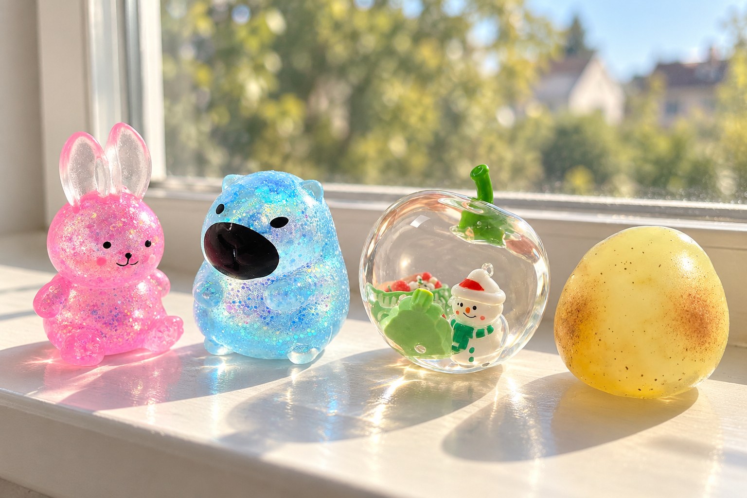 Squishy glimmerkanin, blå glimmer-capybara, gennemsigtigt æble med snemand og kartoffel i en solrig vindueskarm