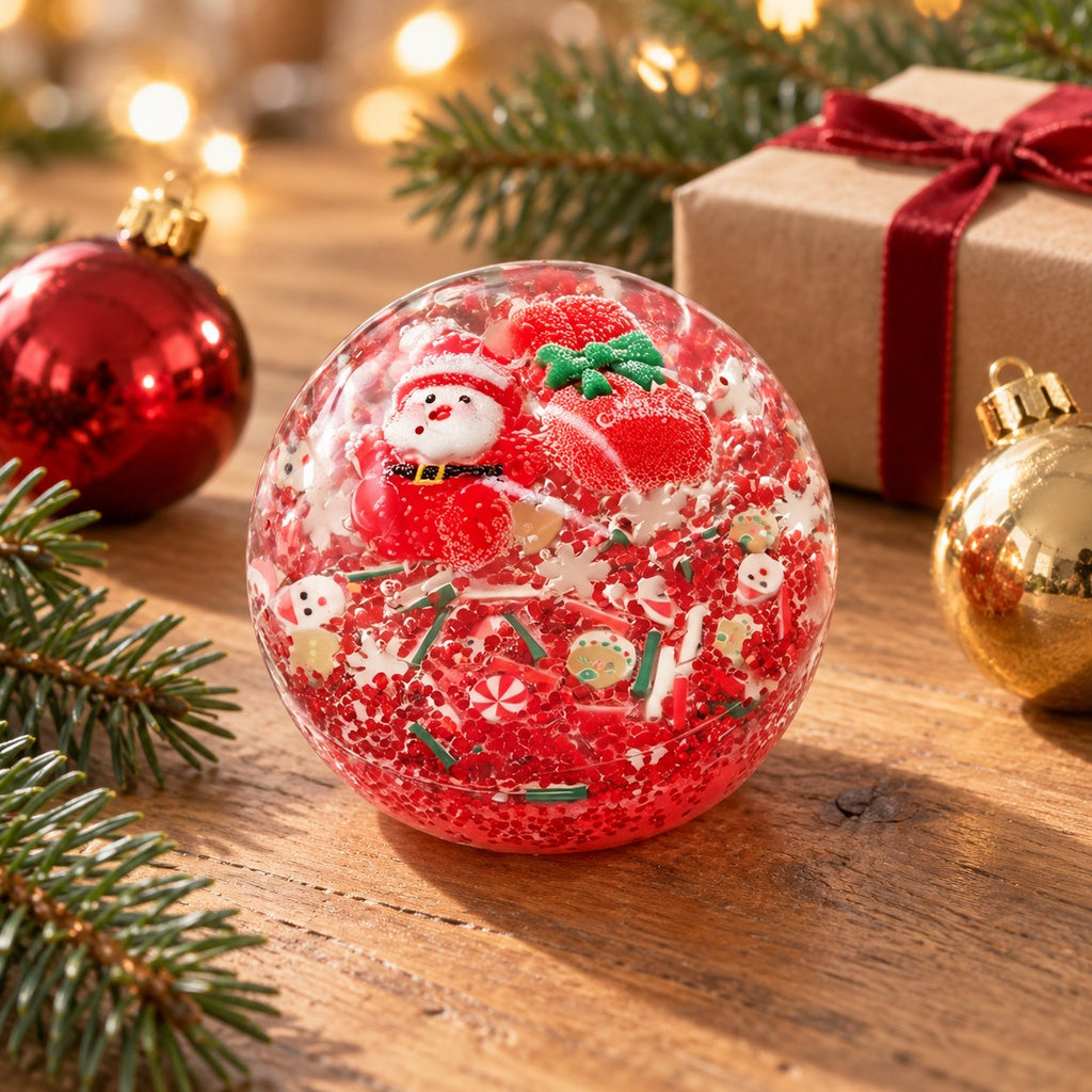 Christmas Coconut Oil Squishy Ball in Gift Box, 6.5 cm (Santa, red), in a Christmas scene with fir branches and fairy lights