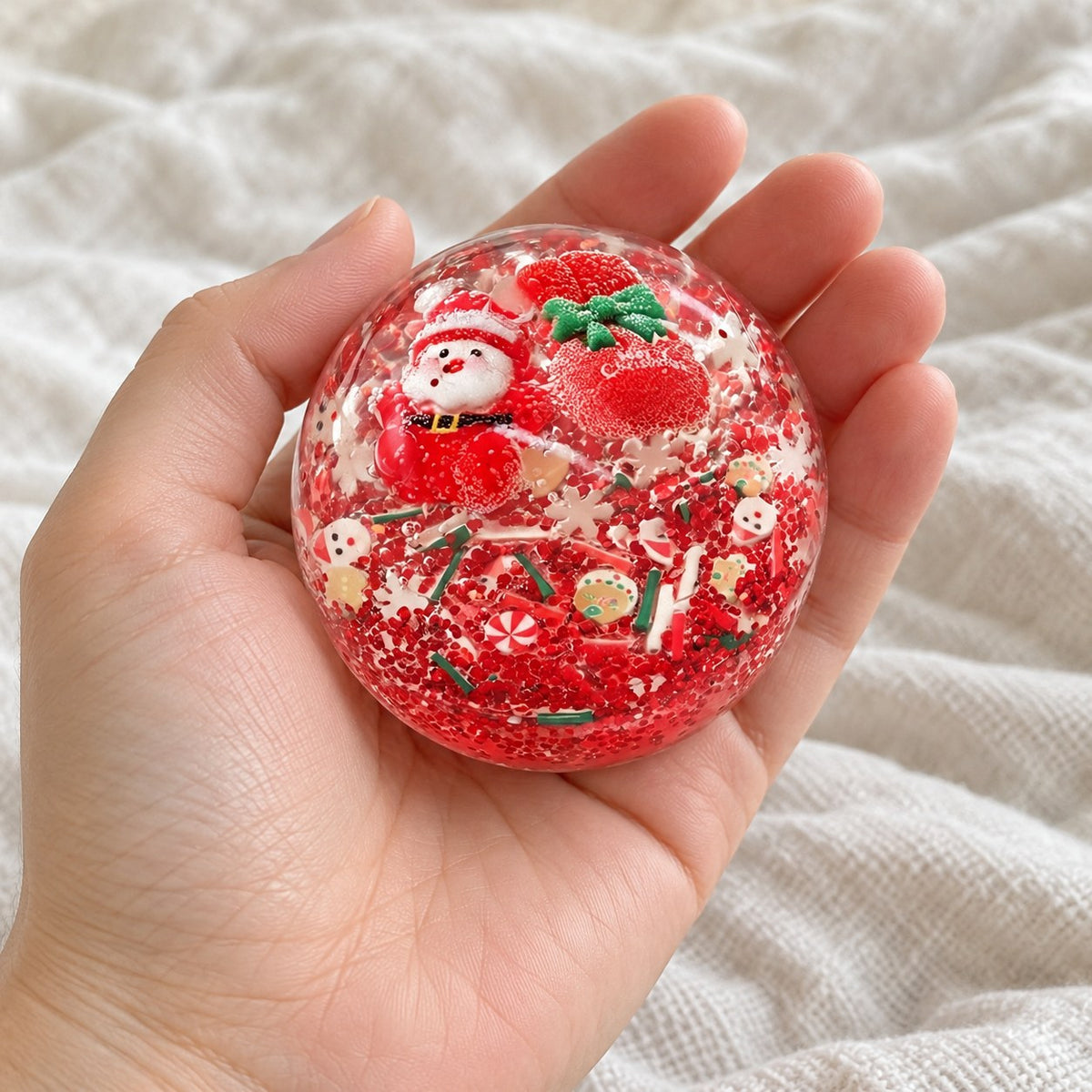 Christmas ball squishy (Santa, red), held toward the camera, first-person view