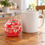 Christmas Coconut Oil Squishy Ball in Gift Box, 6.5 cm (Santa, red), next to a coffee mug for size comparison