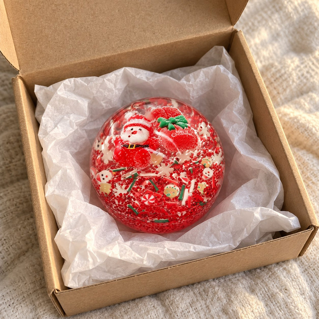 Christmas ball squishy coconut oil (Santa, red), unboxed from a parcel with tissue paper