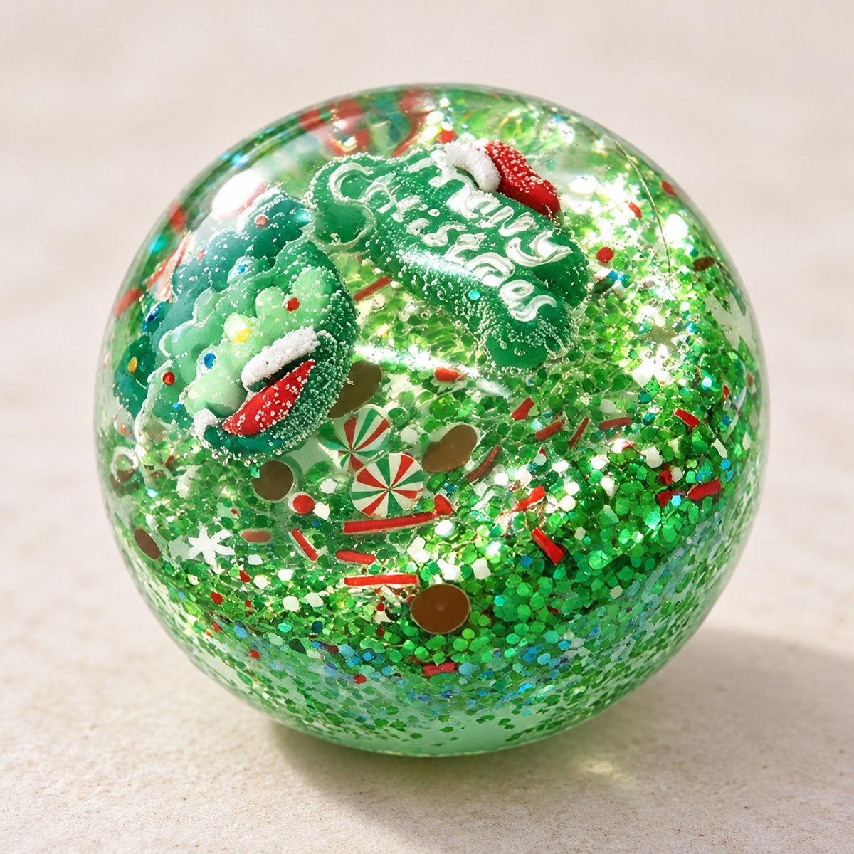 Christmas ball squishy coconut oil (Snowflake, green), close-up of the surface and details