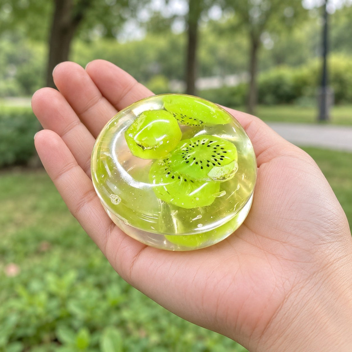 Coconut Oil Fruit Squishy, 6 cm (Kiwi), held in a hand to show the real size