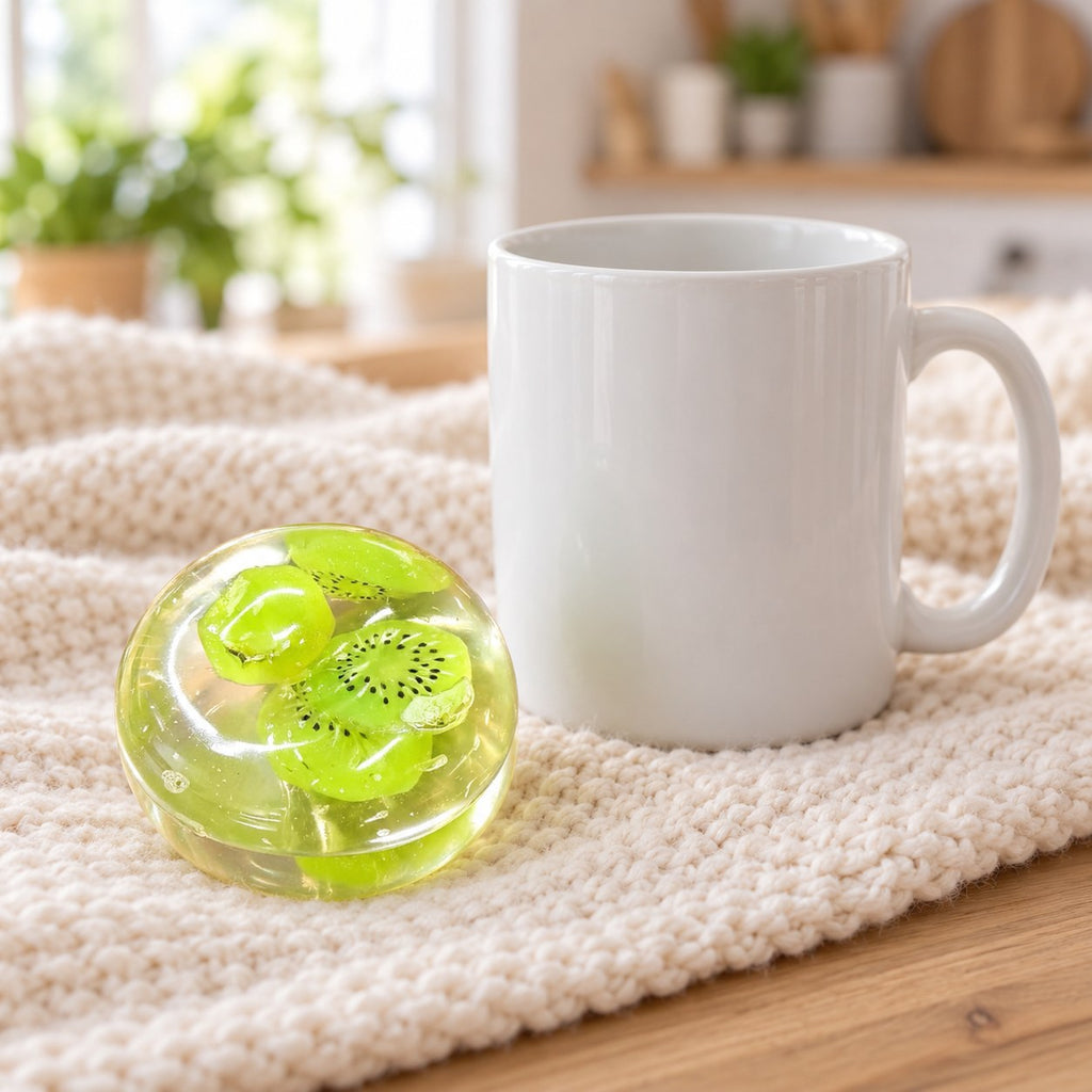 Fruit squishy (Kiwi), next to a coffee mug for size comparison