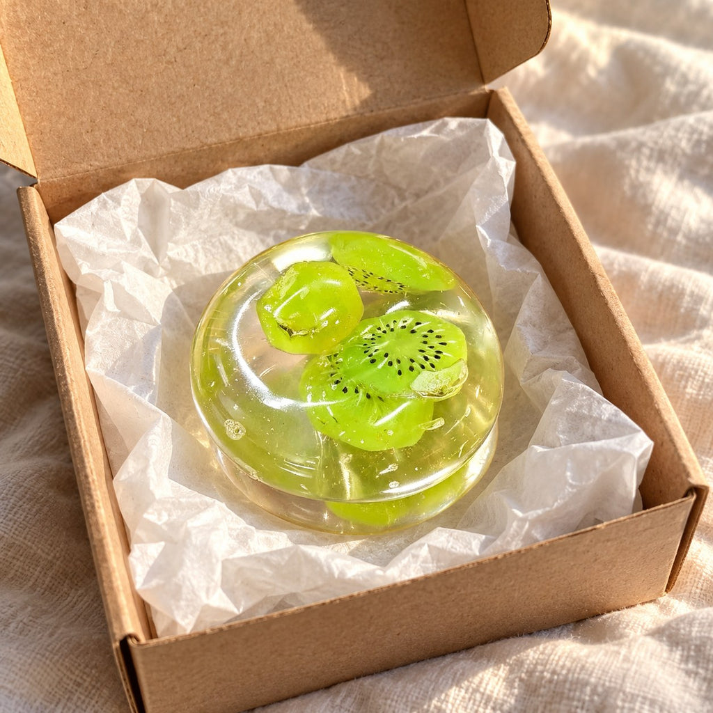 Fruit squishy coconut oil (Kiwi), unboxed from a parcel with tissue paper