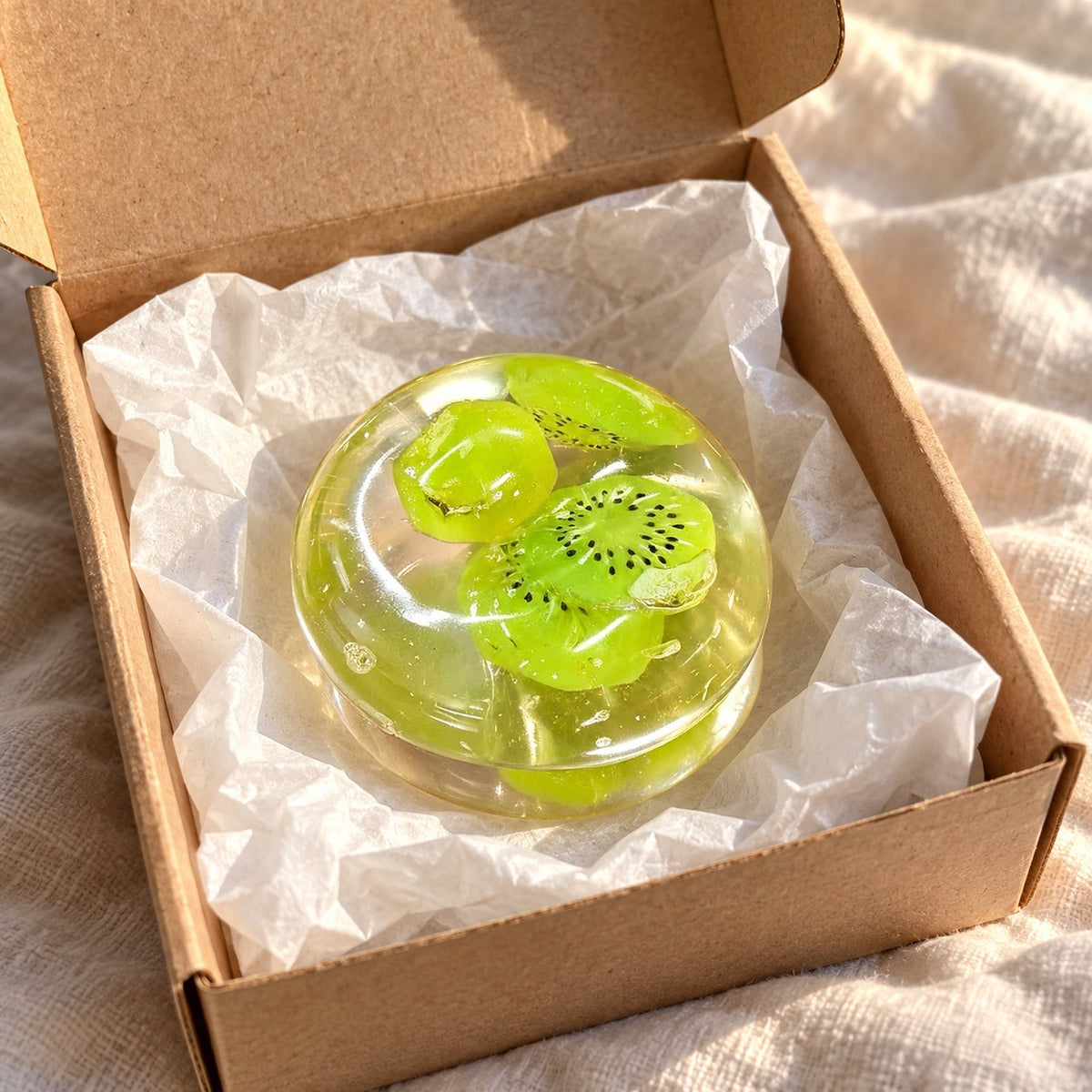 Fruit squishy coconut oil (Kiwi), unboxed from a parcel with tissue paper