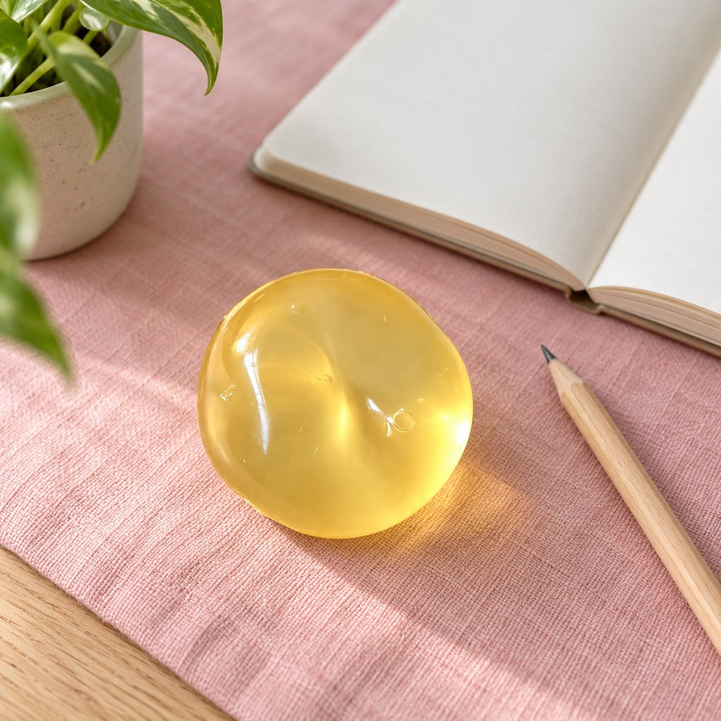 Fruit squishy coconut oil (Yellow), on a desk with a notebook and pencil