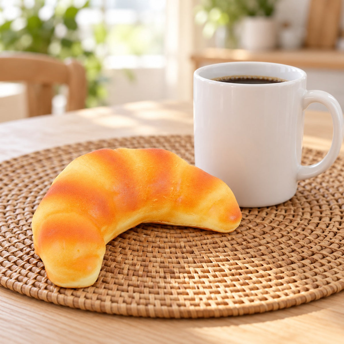 Croissant Squishy, Realistic Slow Rising Bread (12.5 cm), next to a coffee mug for size comparison