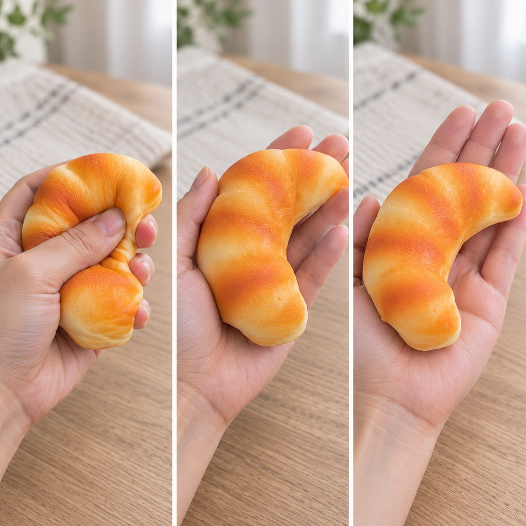 Croissant squishy slow rising (12.5 cm), squished flat, half risen and fully back in shape