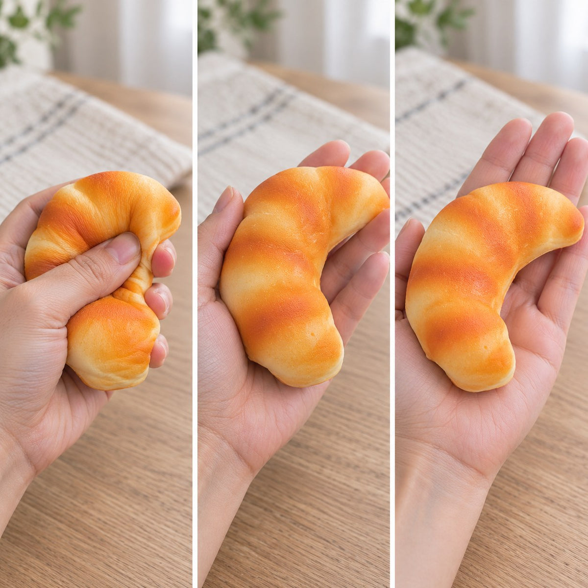 Croissant squishy slow rising (12.5 cm), squished flat, half risen and fully back in shape