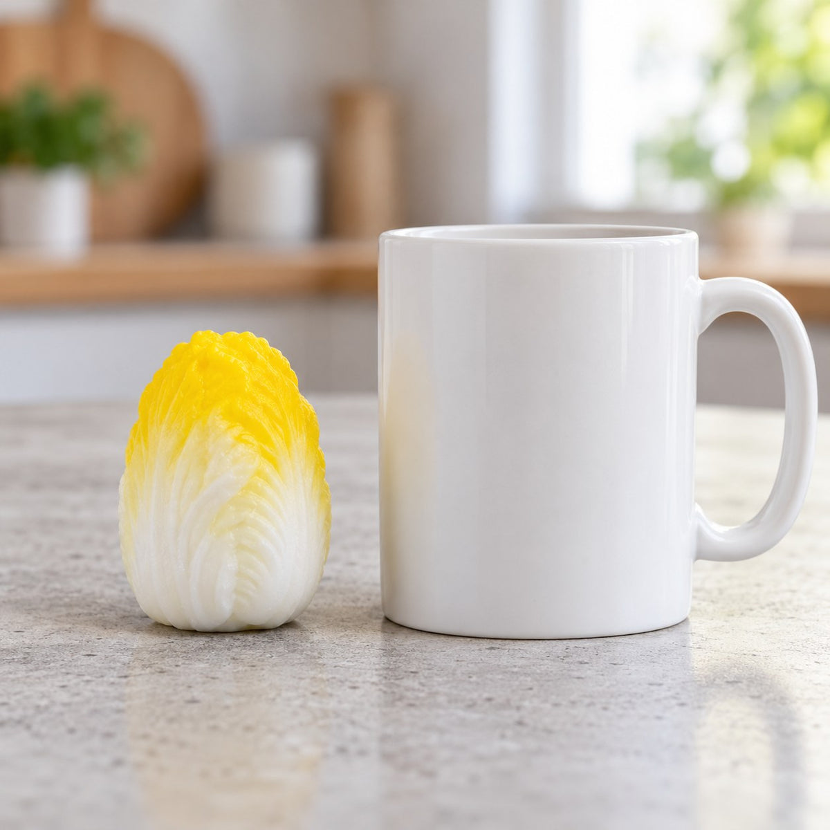 Crunchy Cabbage Squishy, Handmade (Yellow), next to a coffee mug for size comparison
