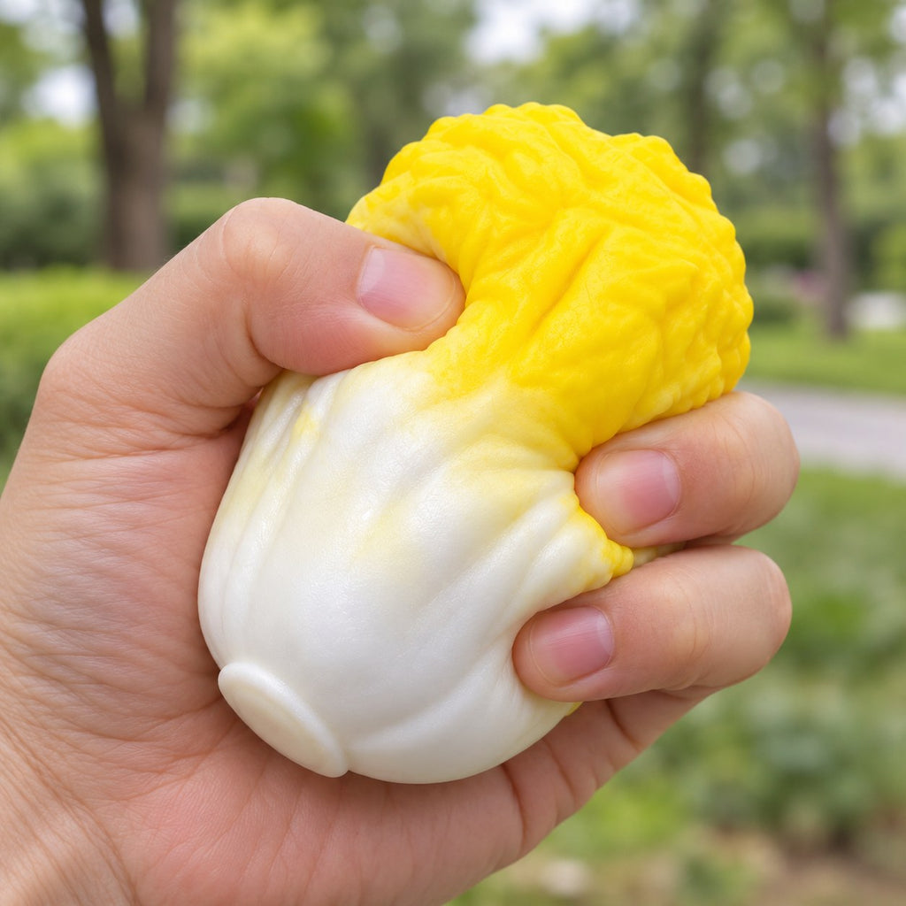 Crunchy Cabbage Squishy, Handmade (Yellow), being squeezed by hand, soft and squishy