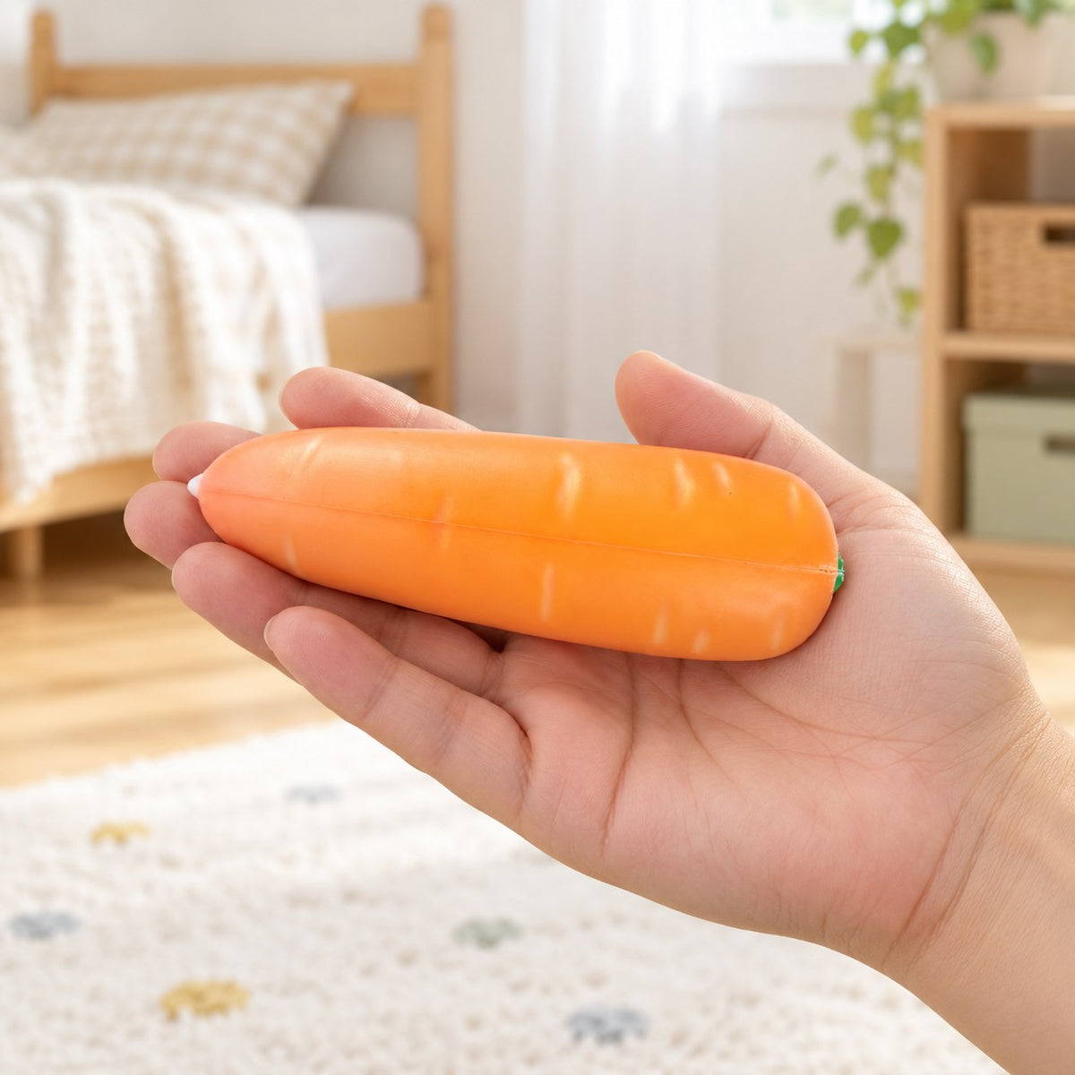 Crunchy Carrot Squishy, Crispy PU Vegetable, held in a hand to show the real size