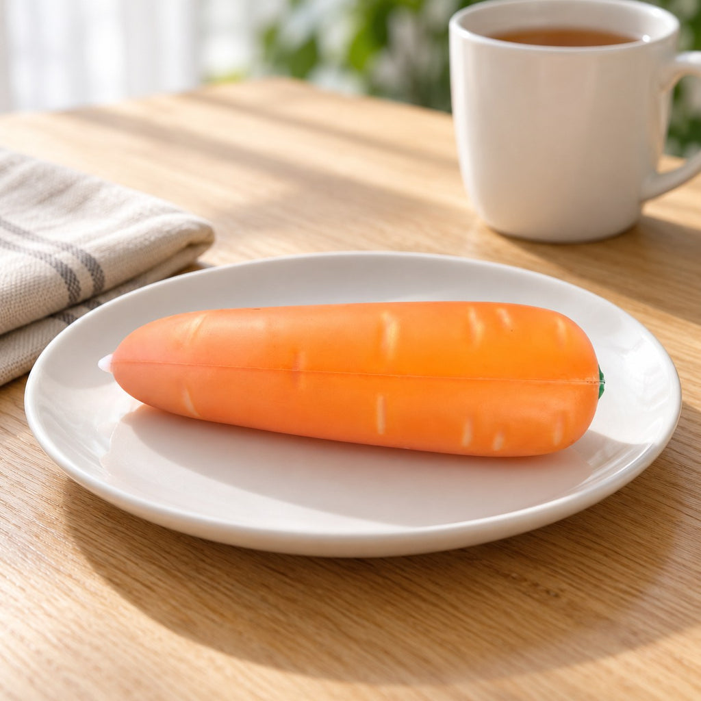 Crunchy Carrot Squishy, Crispy PU Vegetable, on a plate on a breakfast table