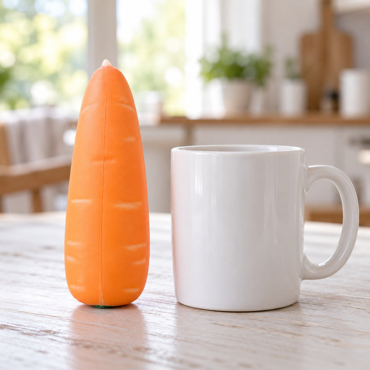 Crunchy Carrot Squishy, Crispy PU Vegetable, next to a coffee mug for size comparison
