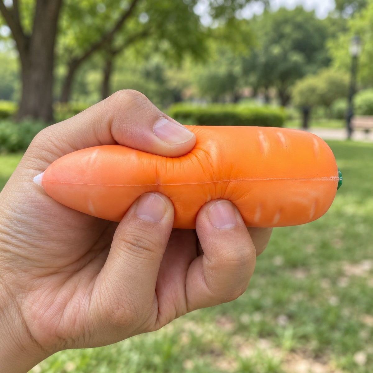 Carrot squishy, being squeezed by hand, soft and squishy