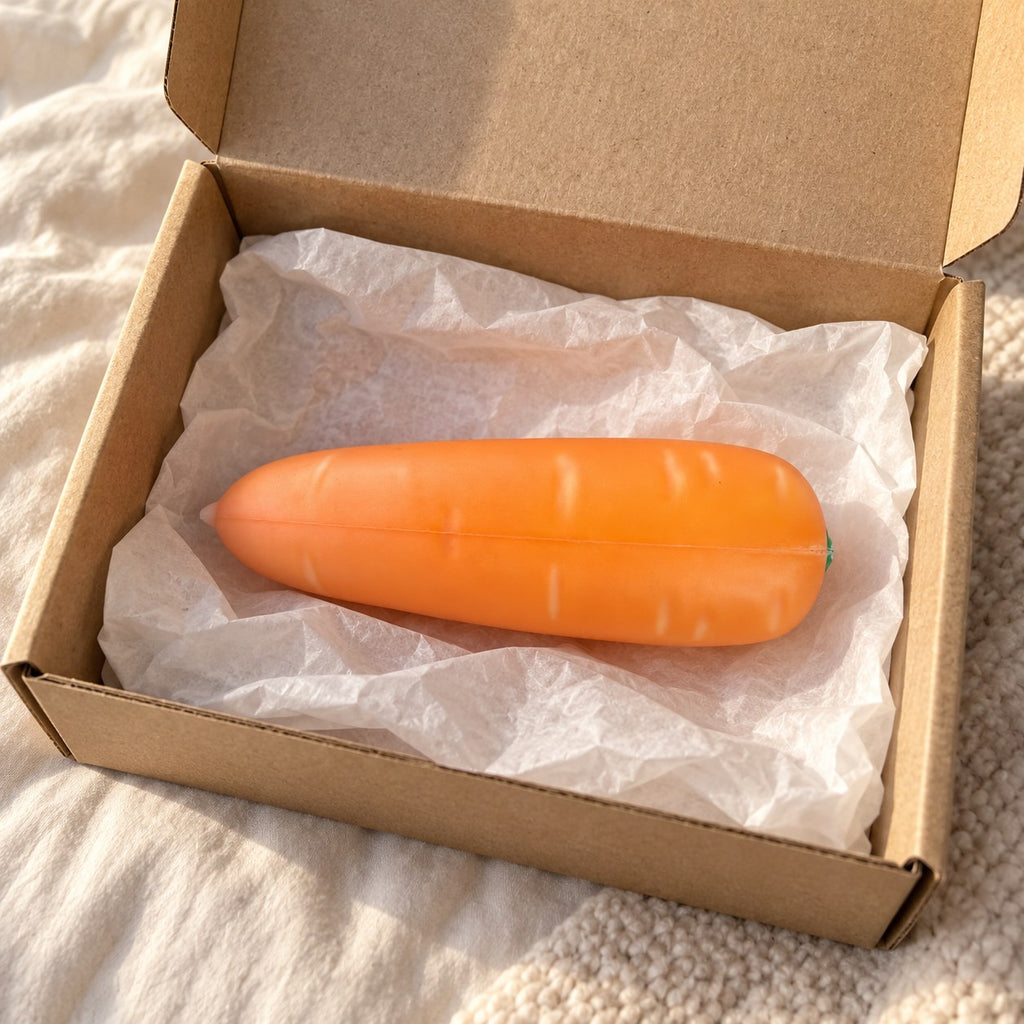 Crunchy Carrot Squishy, Crispy PU Vegetable, unboxed from a parcel with tissue paper