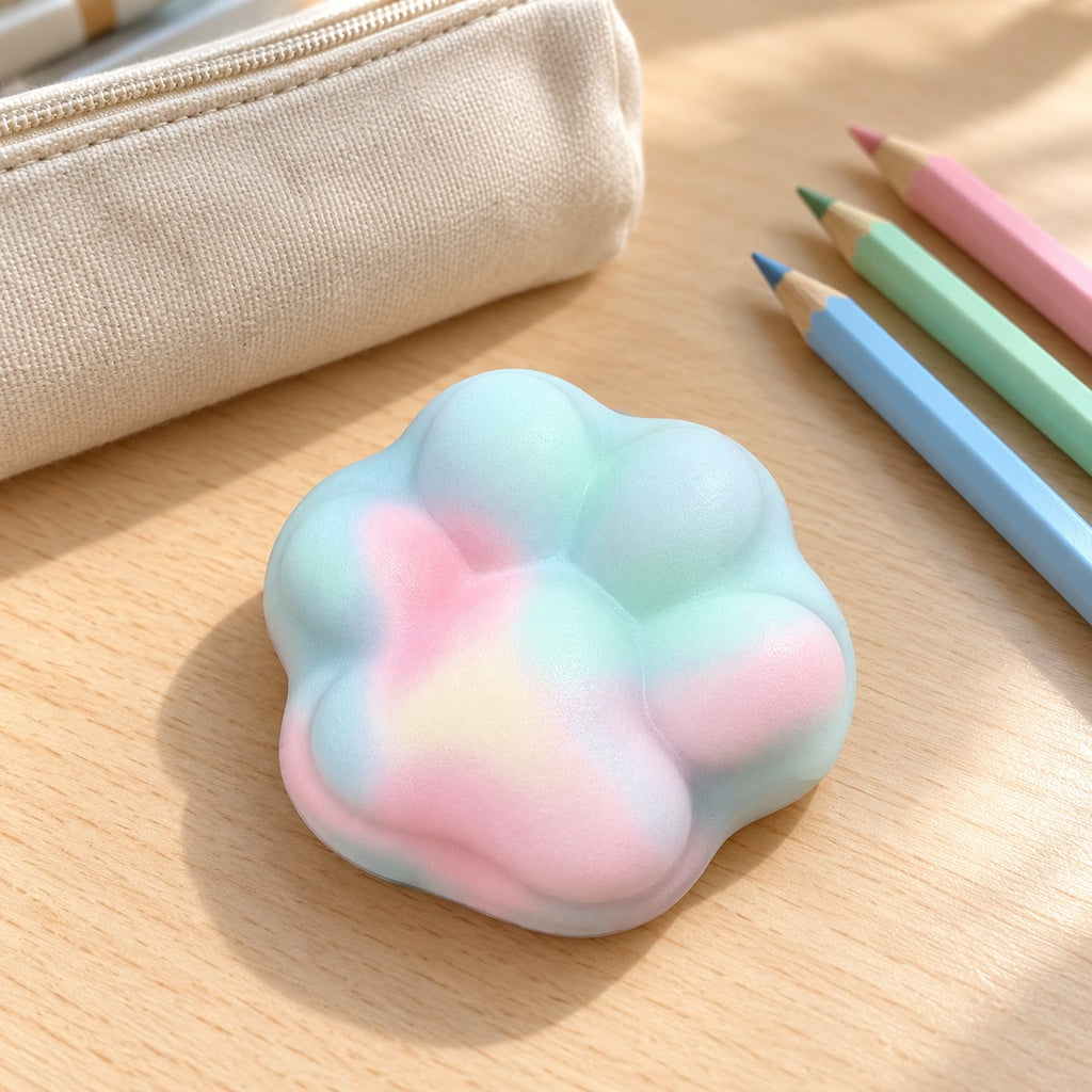 Crunchy Cat Paw Squishy, 6 cm (blue), on a school desk next to a pencil case