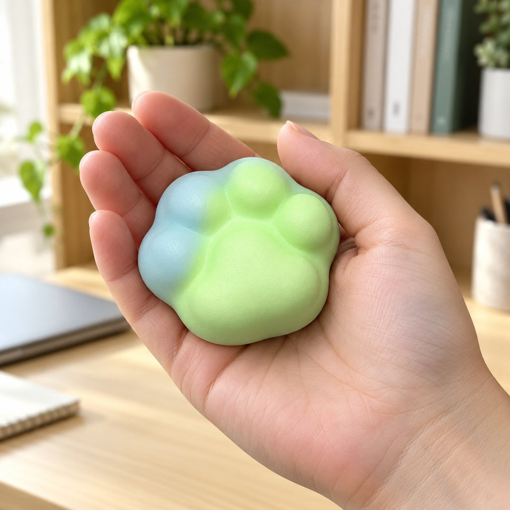 Crunchy Cat Paw Squishy, 6 cm (green), held in a hand to show the real size