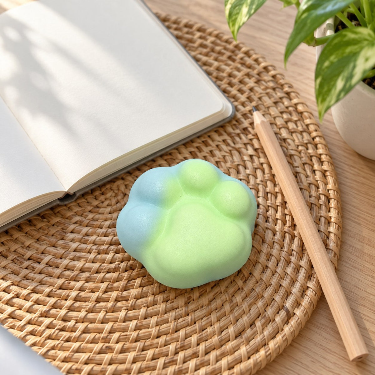 Cat paw squishy crunchy (green), on a desk with a notebook and pencil