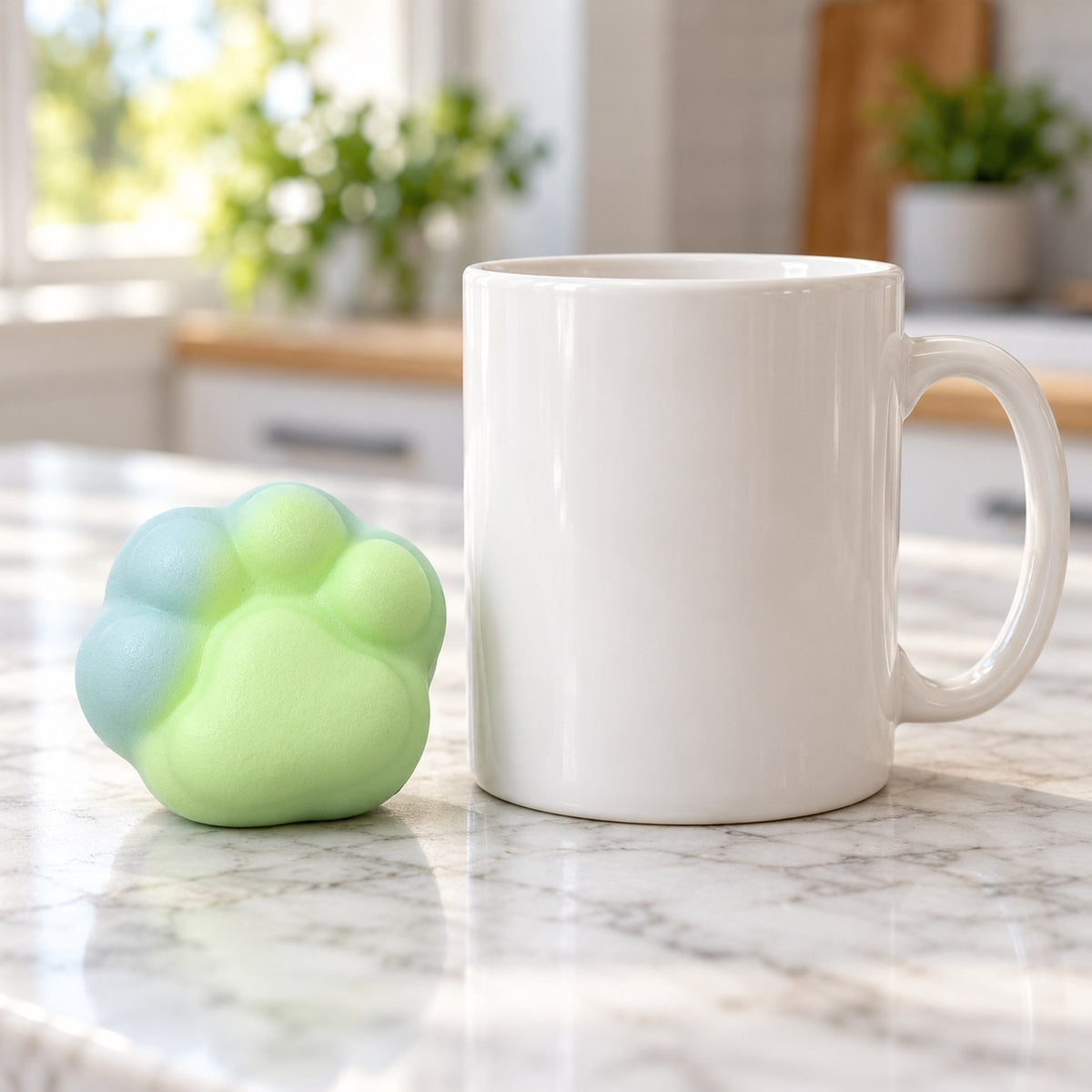 Crunchy Cat Paw Squishy, 6 cm (green), next to a coffee mug for size comparison