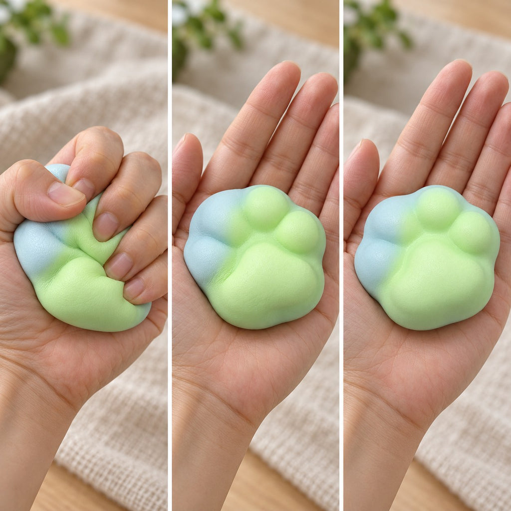 Cat paw squishy mini (green), squished flat, half risen and fully back in shape