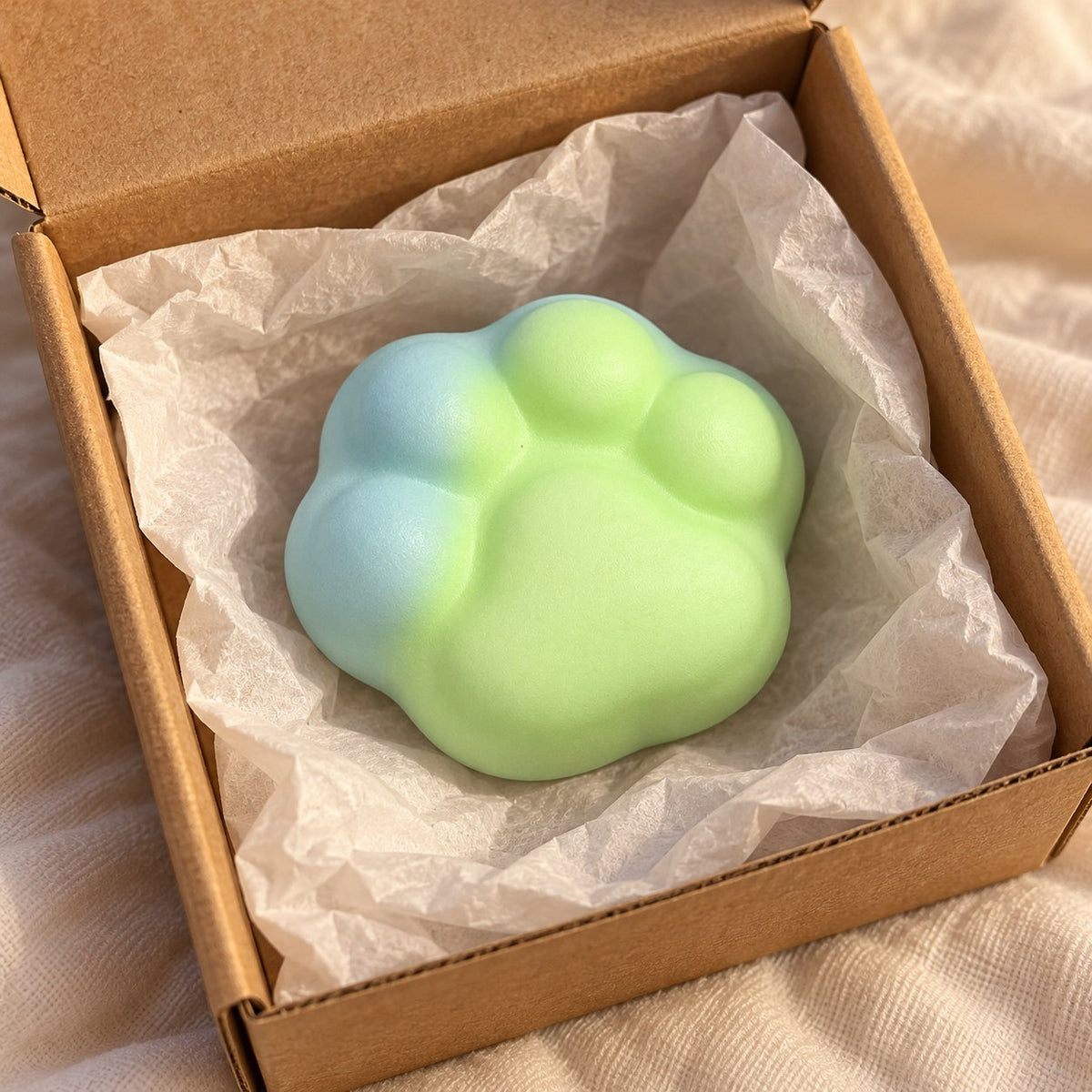 Cat paw squishy mini (green), unboxed from a parcel with tissue paper