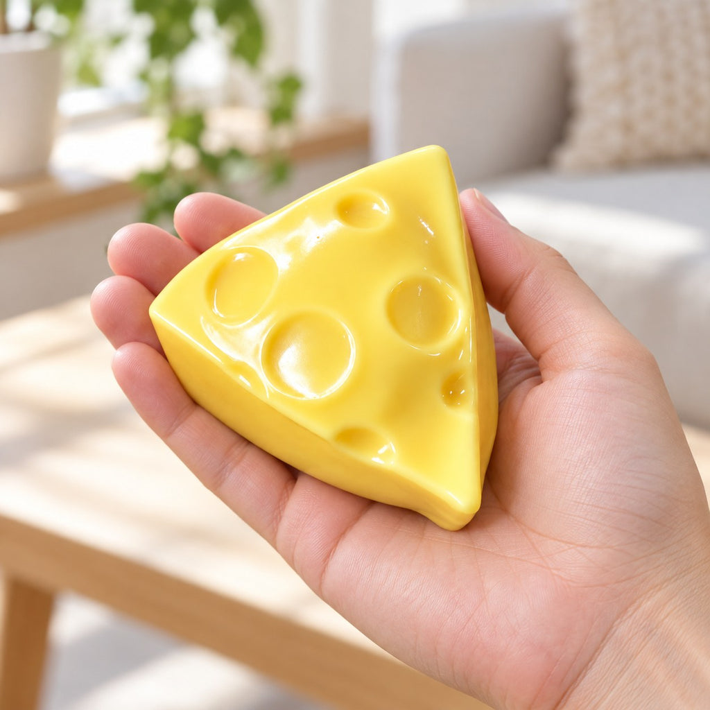 Crunchy Cheese Wedge Squishy, Handmade, held in a hand to show the real size